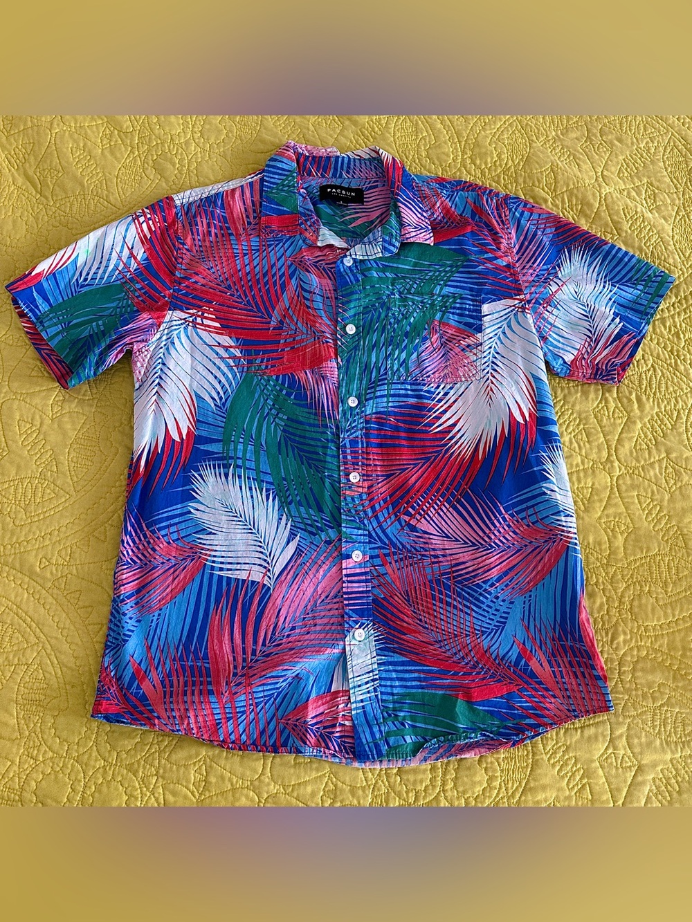 PacSun Blue Tropical Palm Button-Up Shirt with Red, Green & White Accents